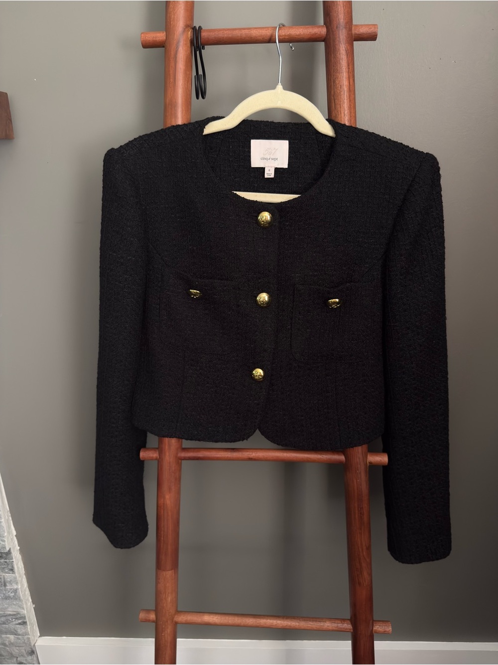 LIKE NEW Cinq a Sept Black Bouclé Cropped Jacket with Gold Buttons (Size 6)